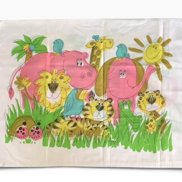 Springmaid Other - Vintage Springmaid Marvelaire Jungle Animal Pillowcase Pink Hippo Lion Tiger Sun